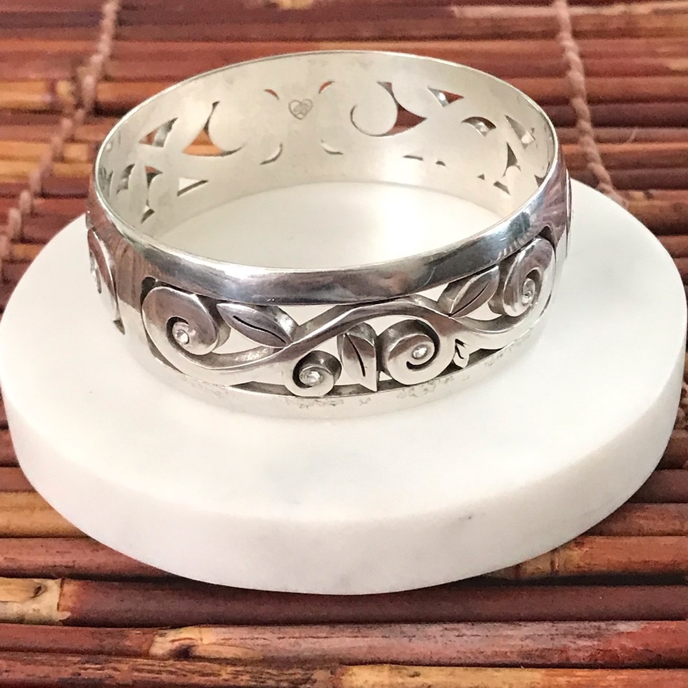 Brighton Silver Filigree Scroll Bangle Bracelet With Crystal Accents